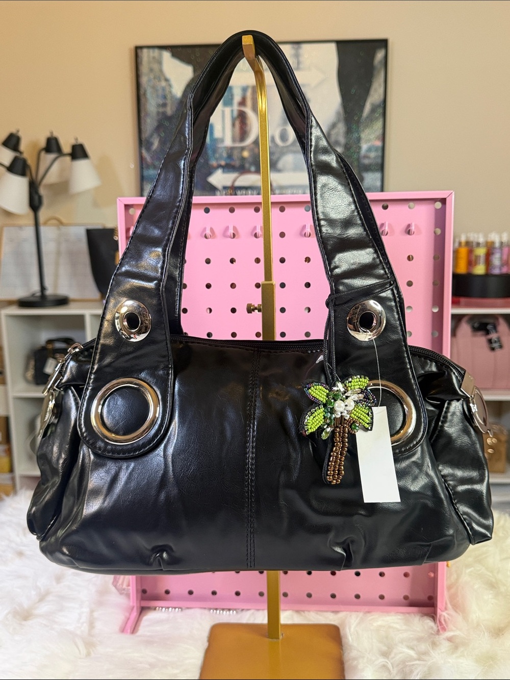 Black Women's Shoulder Bag with Silver Hardware